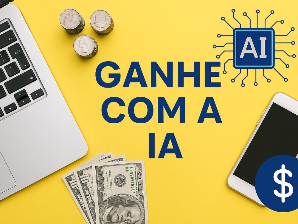 Imagem de um notebook, alguns dólares, um smartphone e um símbolo de IA com a escrita Ganhe com IA no meio da imagem