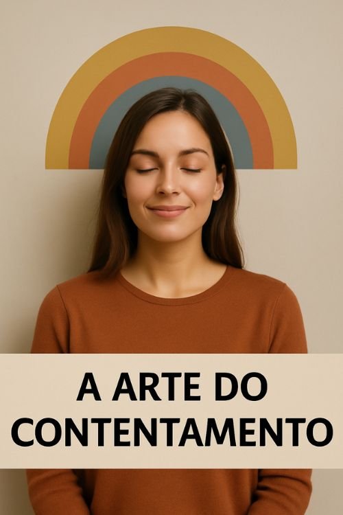 Uma mulher jovem está sentada confortavelmente em um sofá claro, segurando uma xícara com as duas mãos e sorrindo com serenidade. O ambiente é acolhedor e minimalista, com tons neutros, plantas e livros ao fundo, transmitindo uma sensação de calma, simplicidade e contentamento.
