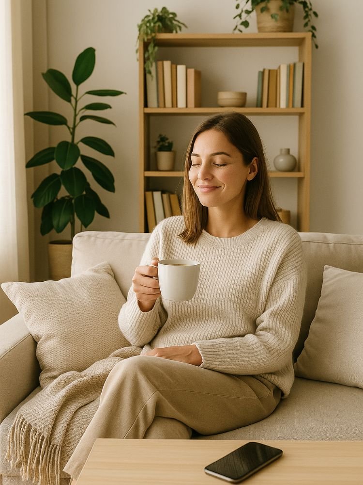 Imagem ilustrativa do artigo "Satisfação é o Novo Luxo". Uma mulher jovem, serena e sorridente, segura uma xícara em um ambiente claro e aconchegante, transmitindo a ideia de bem-estar, simplicidade e contentamento com menos.